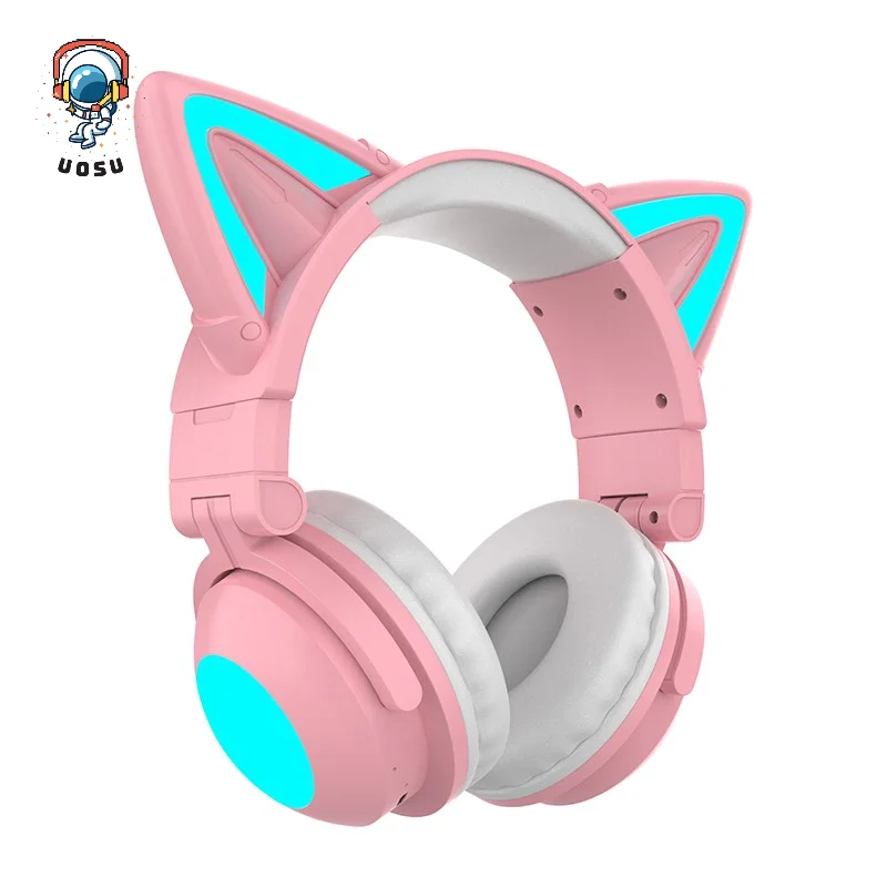 

Girls Cat Wireless Headphones with Microphone, Stereo Bass Cute Kid RGB Music Phone Bluetooth Headset Gamer Woman Set LED Colors