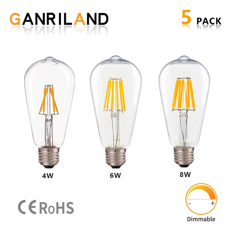 

5PCS ST64 LED Filament Lamp E27 4W 6W 8W Vintage Retro Edison Bulbs 110V 220V Warm White 2700K dimmable light for house decor