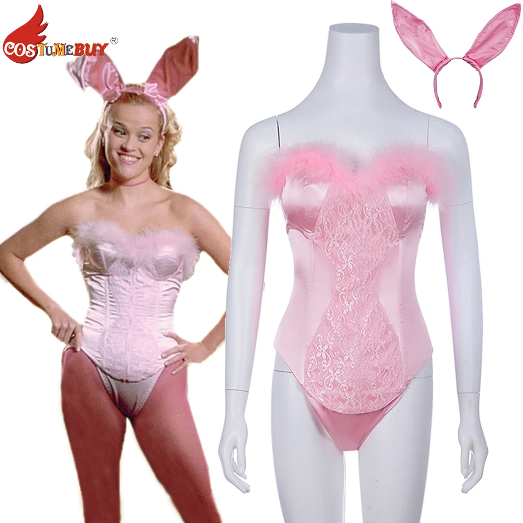 Legally Blonde Movie Elle Woods Bunny Girl Cosplay Sexy Pink Rabbit Skirt Outfit Tank Bodysuit with Headdress Halloween Costume