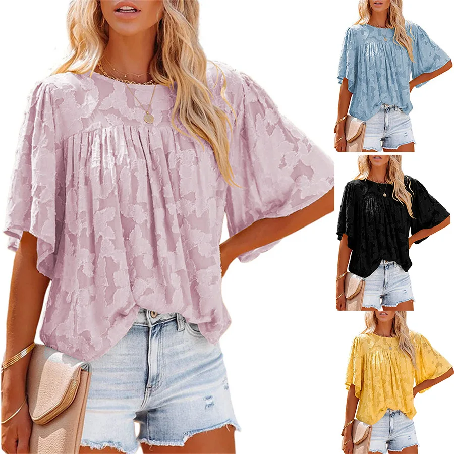 

2022 New Summer Fashion Cutout Floral Shirt Loose Short Sleeve Chiffon Top N101