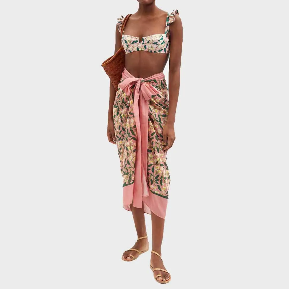 

Pink Print Ruffle Sling Swimsuit High Waist Slim Two-Piece Bikini and Skirt Suspender Sexy Backless Beachwear Fashion 2022 Women