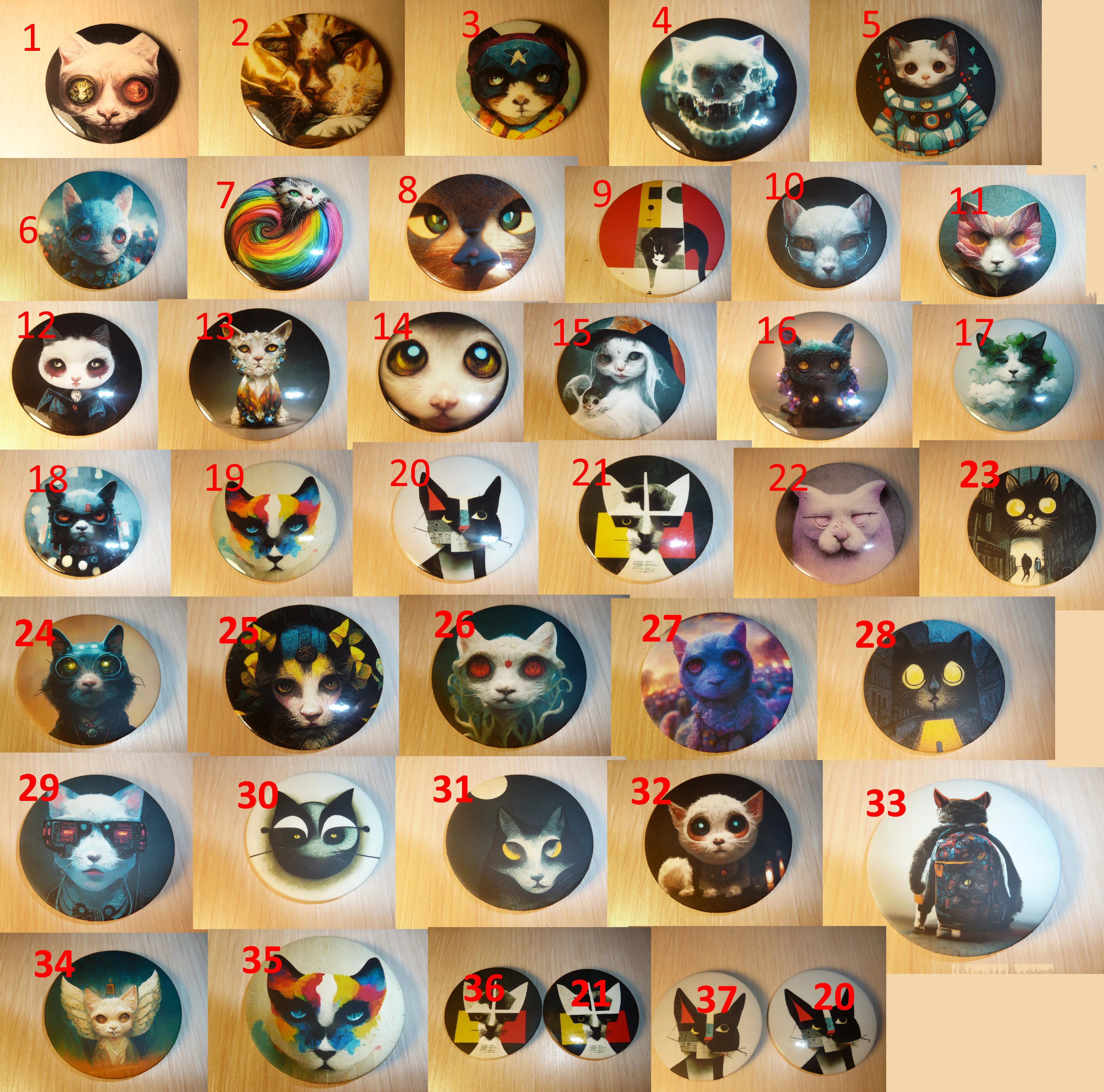 Нейрокотики - коты нарисованные нейросетью. Размер значков 56 мм. |