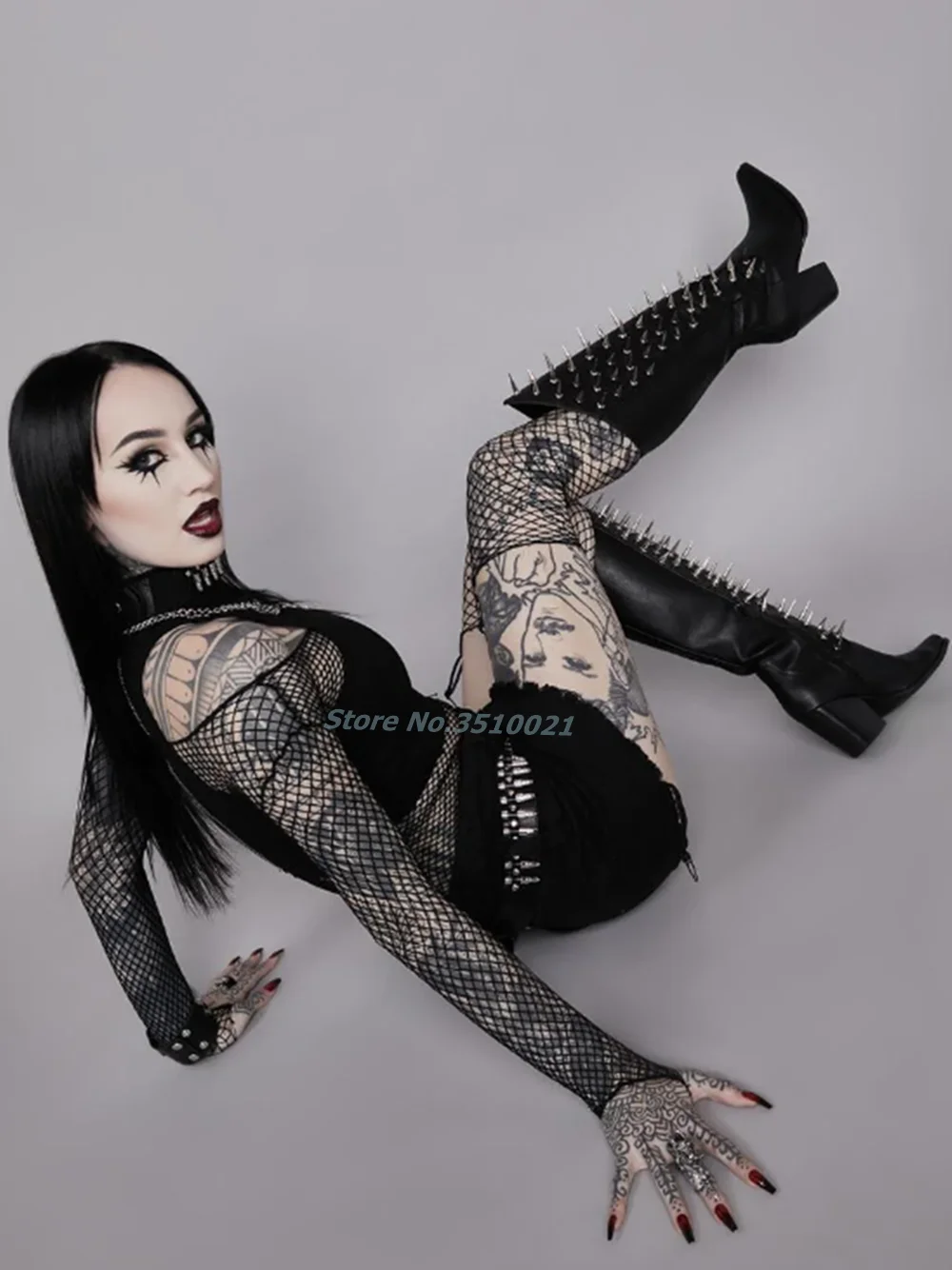 Long Spiked Rivet Cowboy Boots Pointed Knee-High Chunky Block Heels Side Zip Sexy Black Leather Solid Color Punk Style Shoes