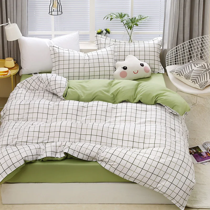 

Nordic Simple Bedding Set Adult Duvet Cover Green Plaid Bedclothes Bed Linen Sheet Single Double Queen King size Qulit Covers