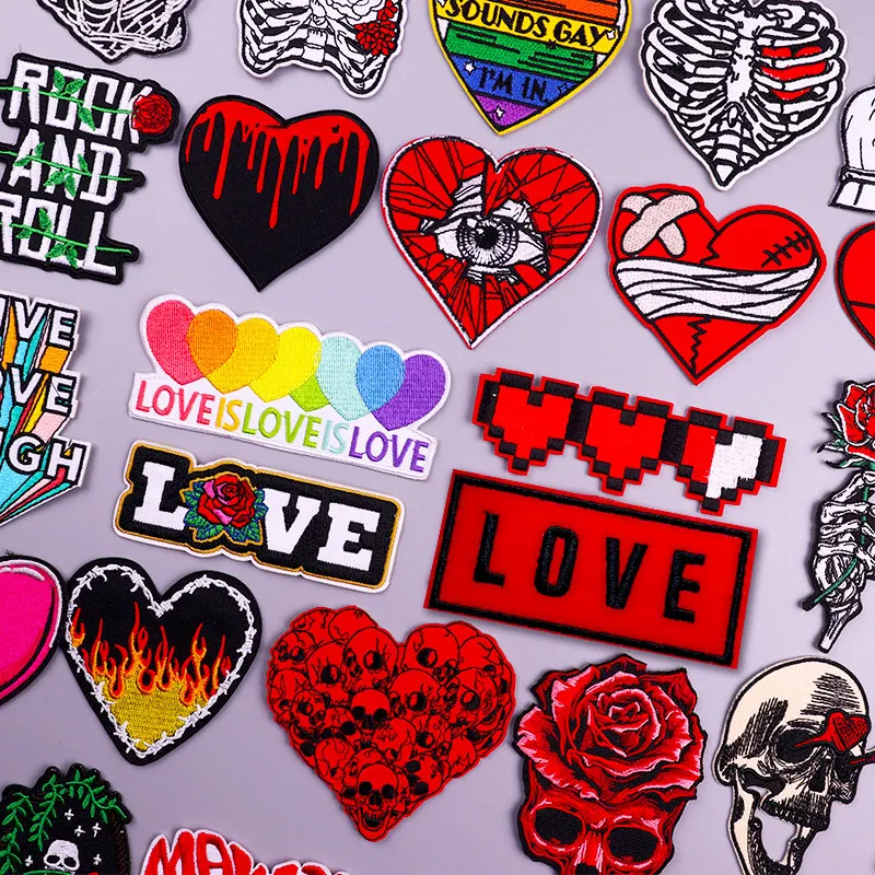 

Heart Love Patch Iron On Embroidered Patches For Clothing Sticker Skull Stripe Applique For Clothes Hook Loop Patches On Clothes