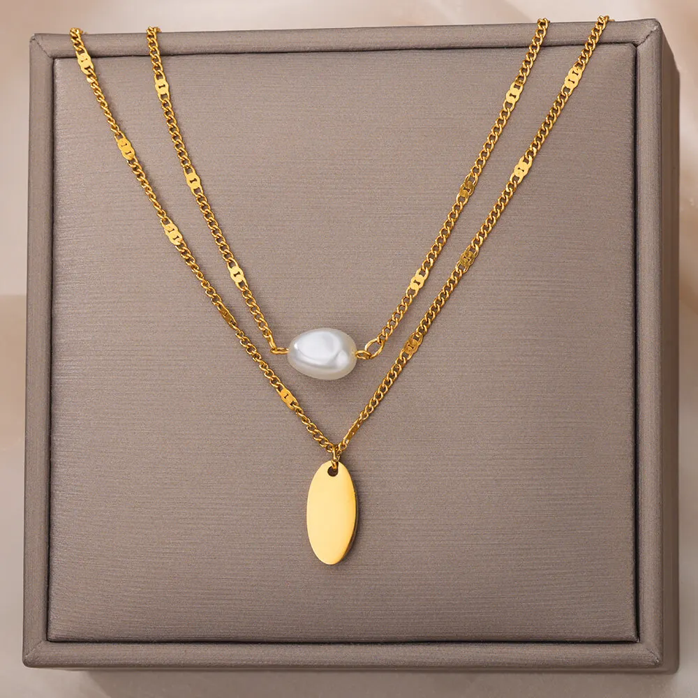 

Multilayer Irregular Pearl Necklaces For Women Stainless Steel Gold Color Chain Pendant Chokers Aesthetic Christmas Jewelry Gift