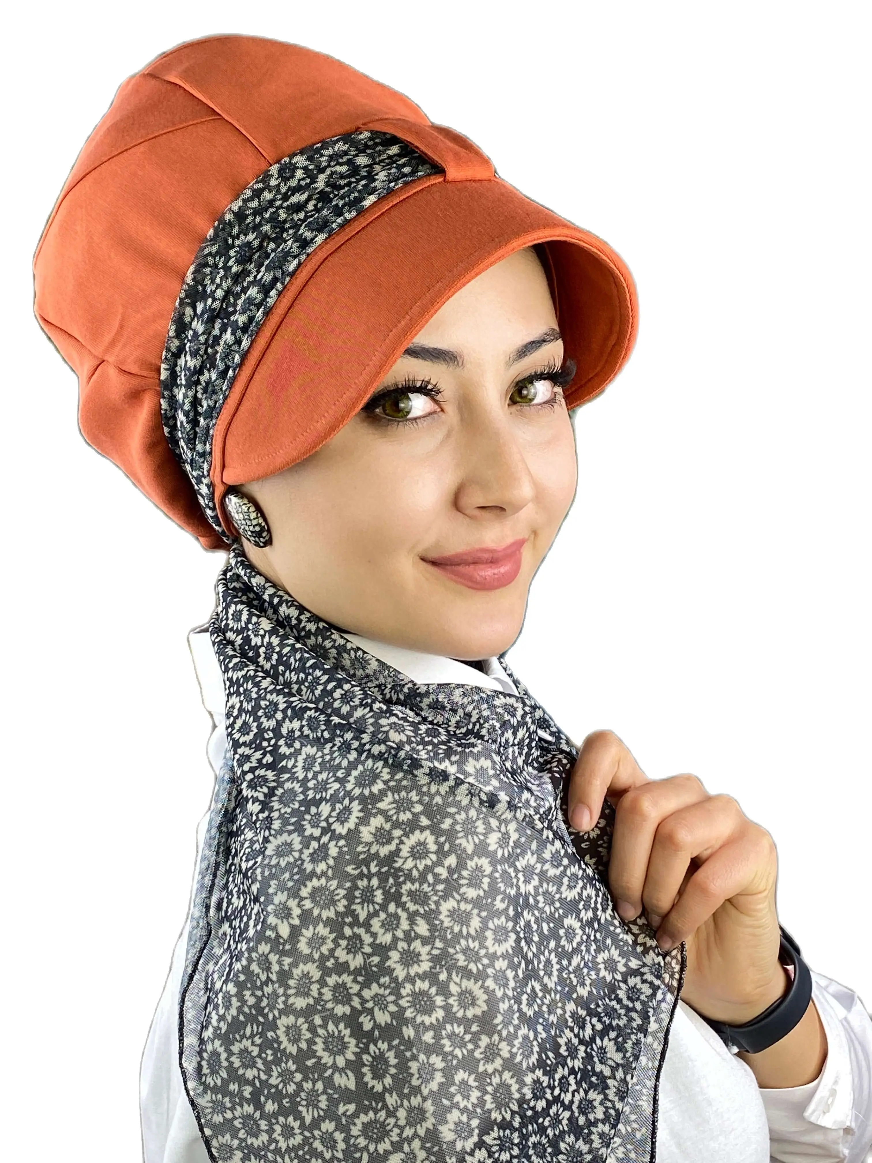 

New Fashion 2022 Summer Hijab Shawl Bonnet Tulle Cancer Cap Women Dark Orange Single Unit White Tiny Floral Patterned Scarf Hat