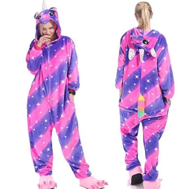Family Kigurumi Pajamas Pink and Purple Stars Unicorn Animal Onesie Cosplay Costume Pajamas For Kids and Adults