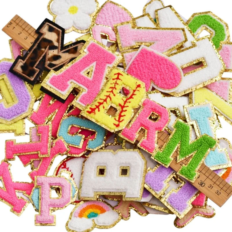 26 Pieces Letter Patches Iron on Chenille Gold Glitter Border Sticker Sew-on Patch Wholesale Embroidered Clothing Patch Supplier