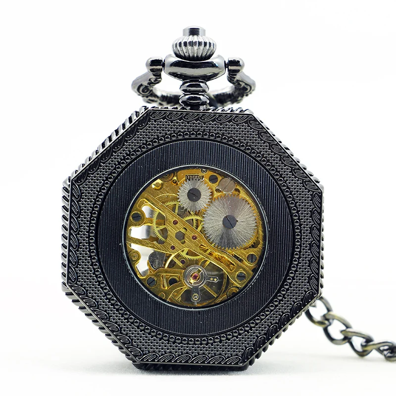 Hexagonal Mechanical Pocket Watch Black Hollow Fob Chain Men and Women Lady Watches Mens Vintage Gifts relojes de bolsillo