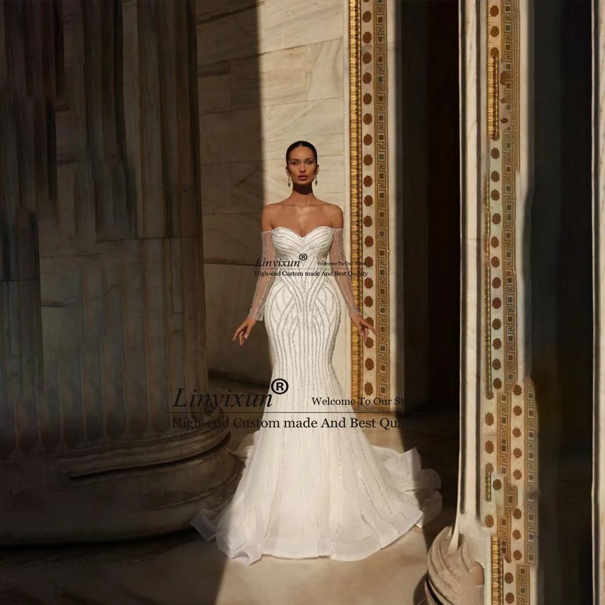 

Женское длинное свадебное платье It's yiiya, белое Тюлевое платье с блестками, открытыми плечами и шлейфом на лето 2019