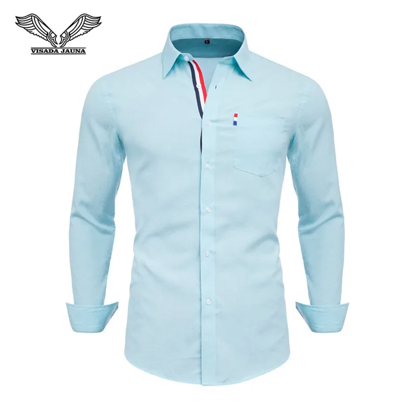VISADA JAUNA 2019 Men Shirt Long Sleeve 100% Cotton Fashion Turn-Down Collar Dress Solid Casual Shirt Men Social Camisas N5130