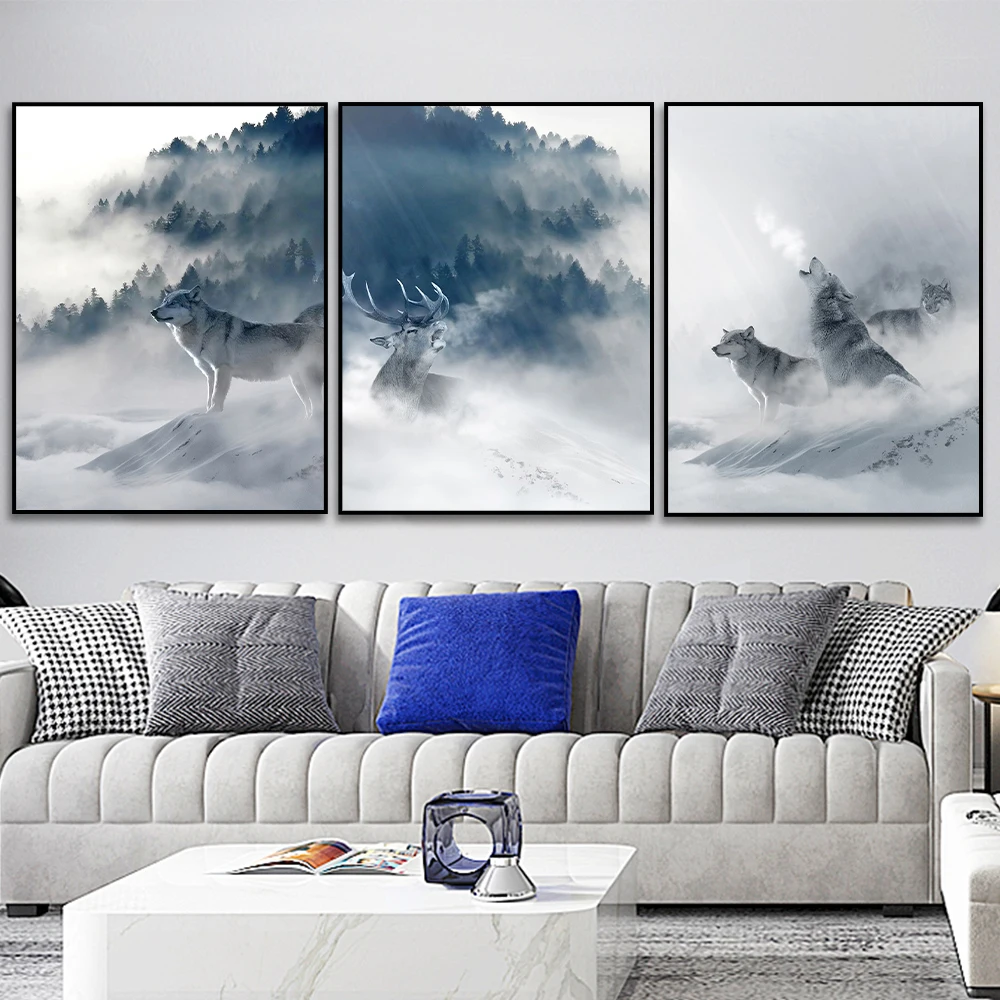 

Modern Aesthetic Conception Nordic Art Wolf Elk Snow Mountain Canvas Painting Poster Animal Print Nature Picture Home Decoration