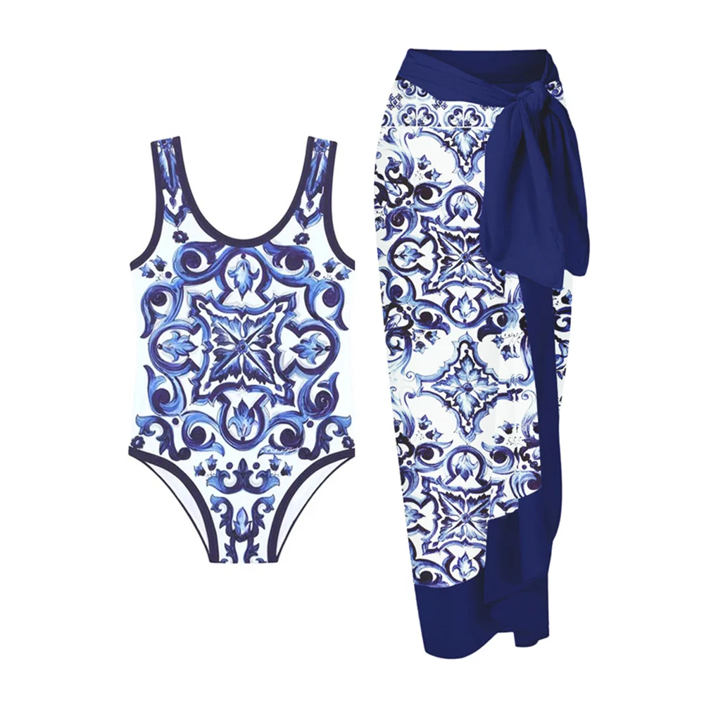 

Female Retro Fashion Vintage Print One Piece Swimsuit Set Holiday Beach Dress Designer Bathing Suit Summer Surf Wear