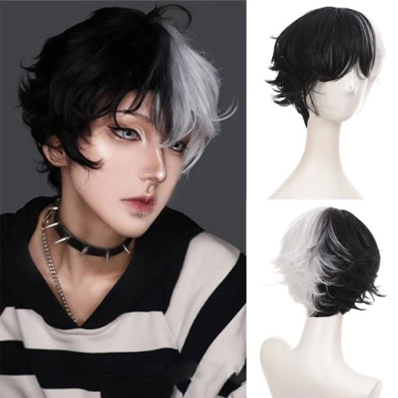 

CTRLALT Synthetic White Men's Wigs Short Straight Strap Bangs Curly Hair Wigs for Women Boys Boys Cosplay Anime Party Daily