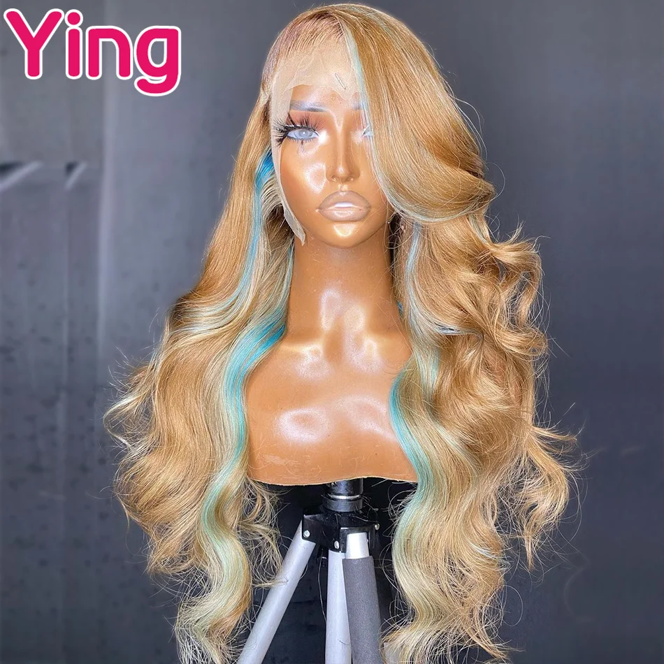 Honey Blonde with Sky Blue 13X6 Frontal Wig Body Wave Highlight Colored Human Hair Wigs Straight 13X4 Lace Front Wigs for Women