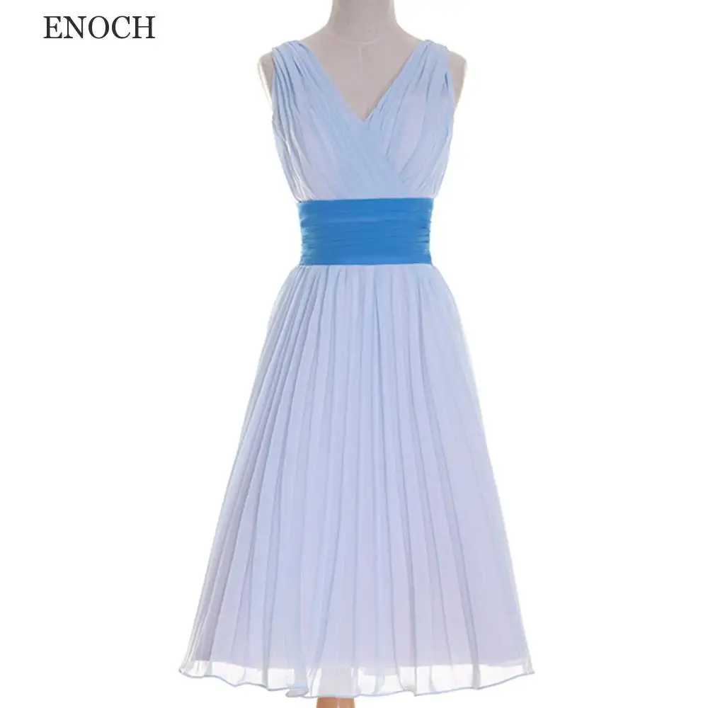 

ENOCH Simple V-Neck Chiffon Bridesmaid Dresses Sleeveless Backless Tea-Length Party Dresses Summer Custom Made Vestidos De Gala