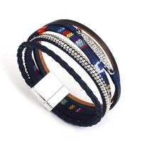 amorcome bohemian ethnic braided leather wrap bracelet for women handmade shiny rhinestone metal charm bracelet magnetic jewelry