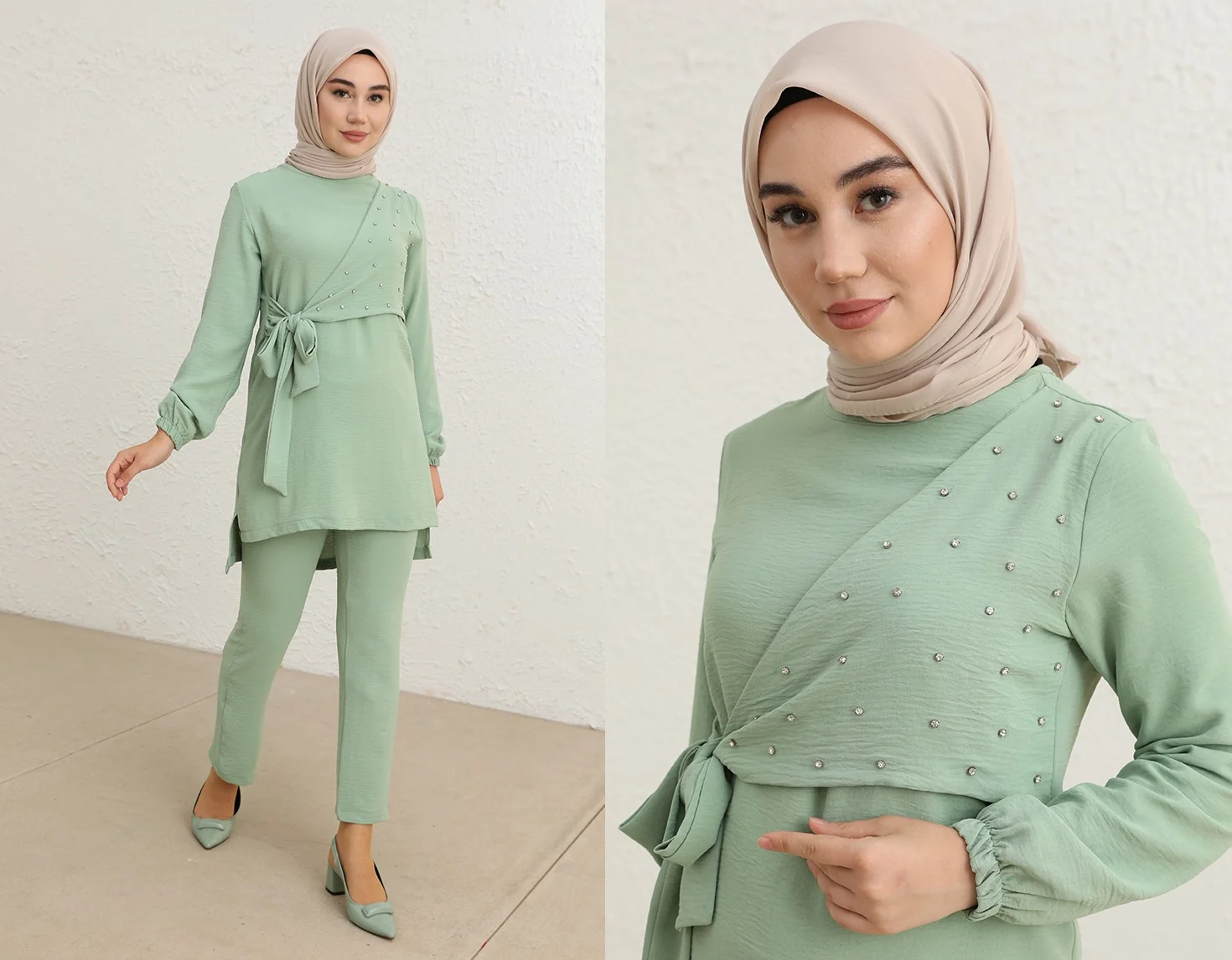 

4 seasons Muslim Women 'S solid mint green stone detail unlined long Shir sleeve tunic waist rubber flat pants twinset islamic shawl