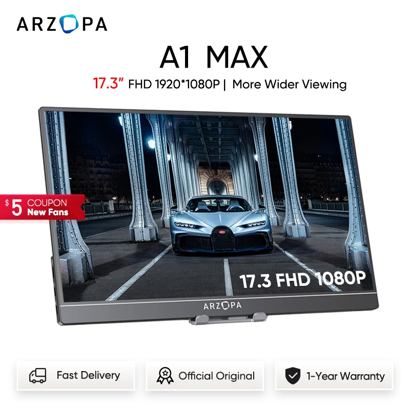 

ARZOPA 17,3-дюймовый портативный монитор FHD 1080p внешний дисплей IPS экран USB C HDMI игровой монитор для ноутбука Mac PC Xbox PS5 Switch