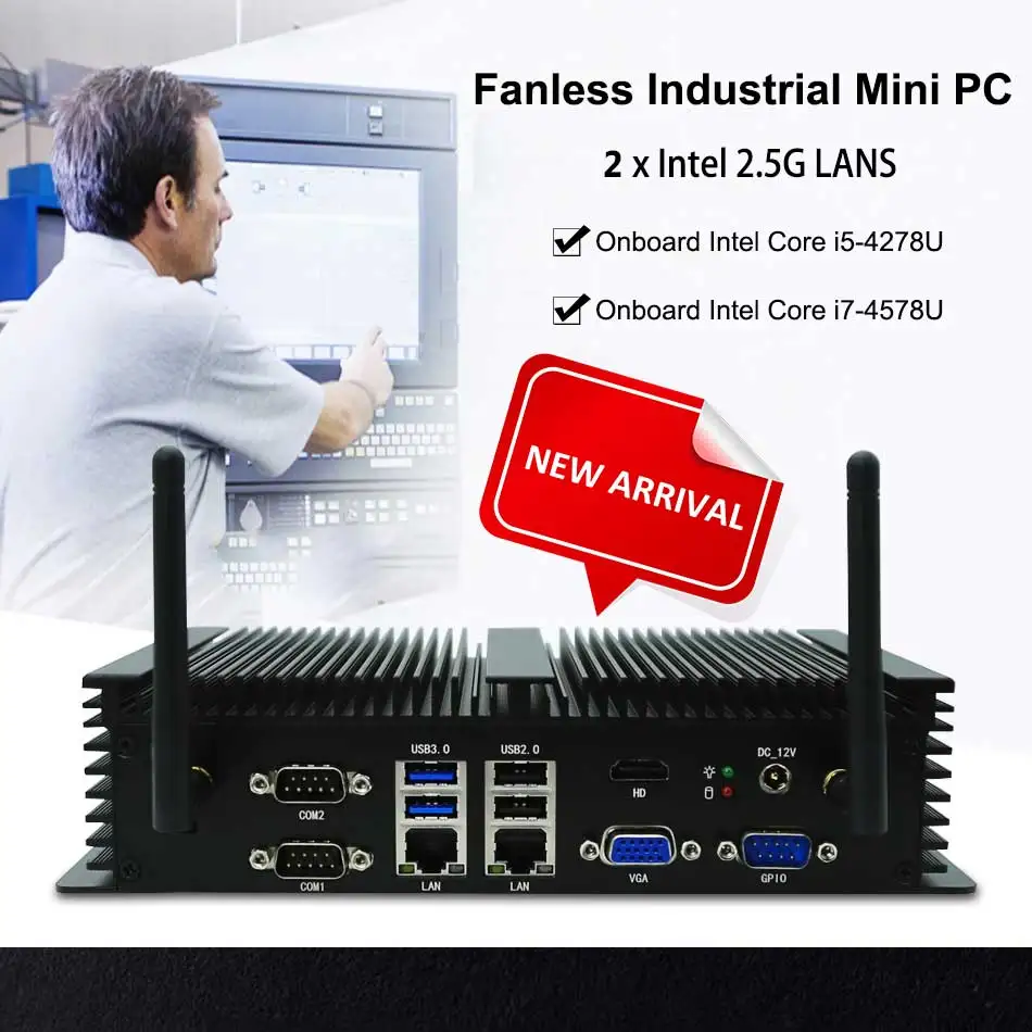 

Eglobal Industrial Fanless Mini PC Computor Core i5 i7-4578u 2xIntel i211 2.5G LANs 6COM VGA HDMI Thin Client Small Desktops