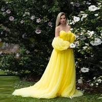 yellow tulle maternity dresses for photoshoot puffy long sleeves off the shoulder tulle ruffles robes for pregnant women