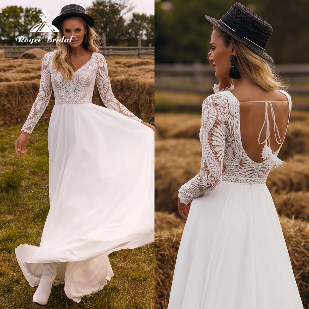 

Boho Chiffon V Neck Long Sleeve Lace Tassel A Line Wedding Dress Sweep Train Open Back Beach Bridal Gowns Vestidos De Novia Robe