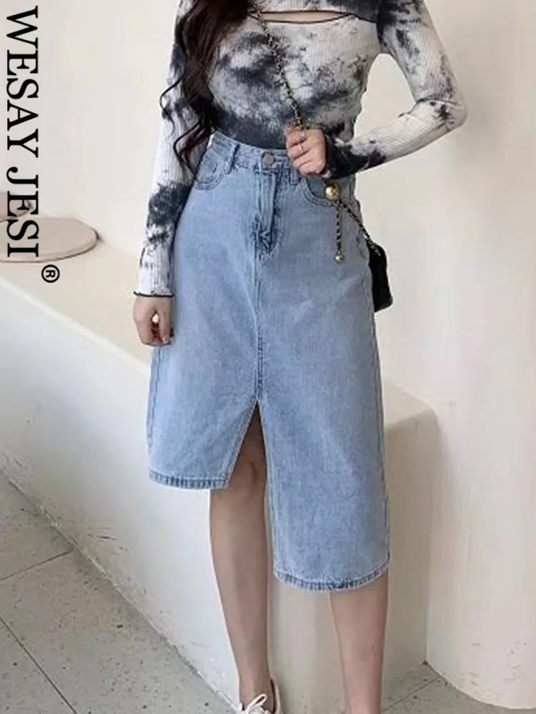

Юбка WESAY JESI TRAF женская с высокой талией, модная шикарная Асимметричная джинсовая приталенная до колена, с разрезом, в винтажном стиле