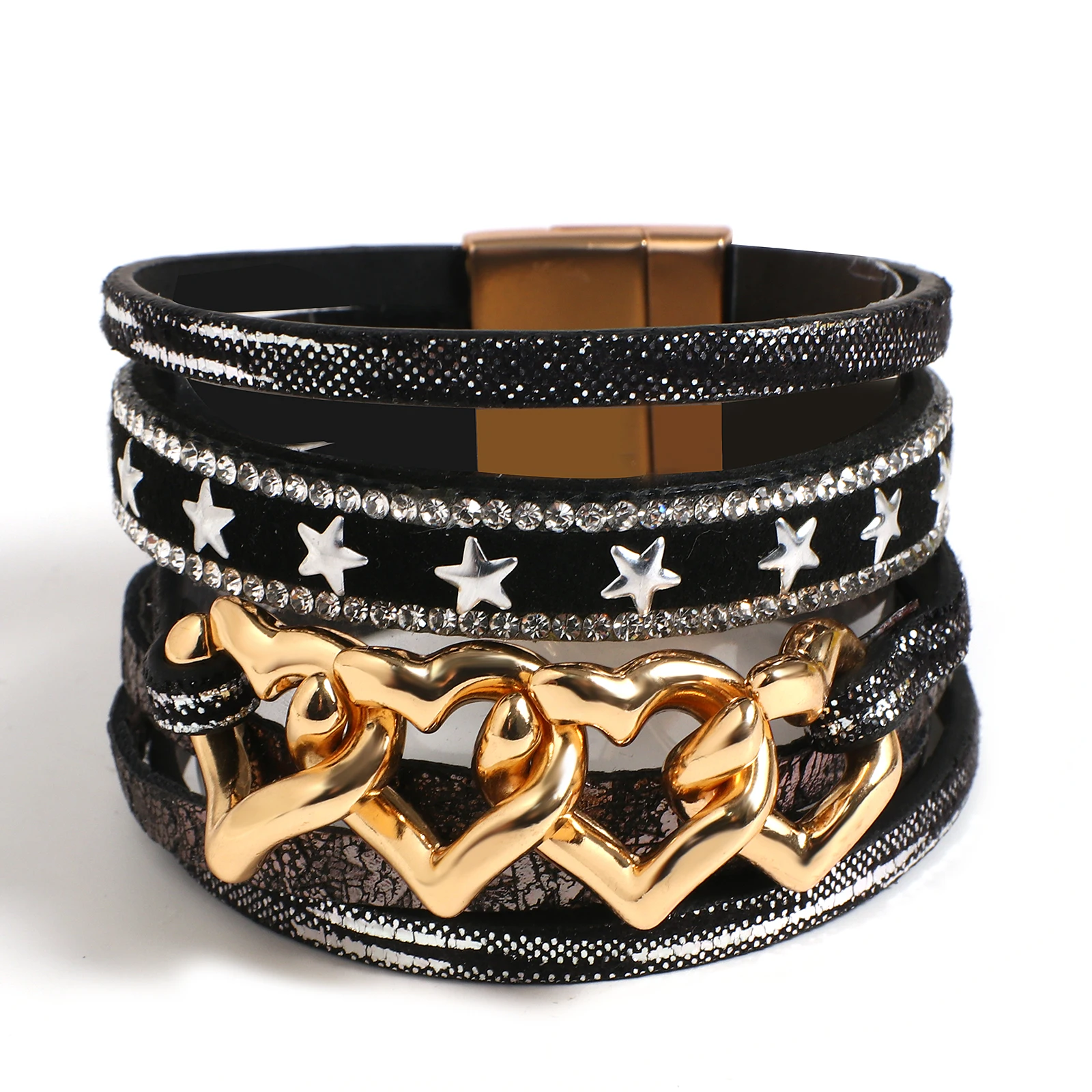 

ALLYES Rock Punk Heart Star Leather Bracelet for Women Men Bohemian Multilayer Wrap Wide Bracelets & Bangles Charm Jewelry