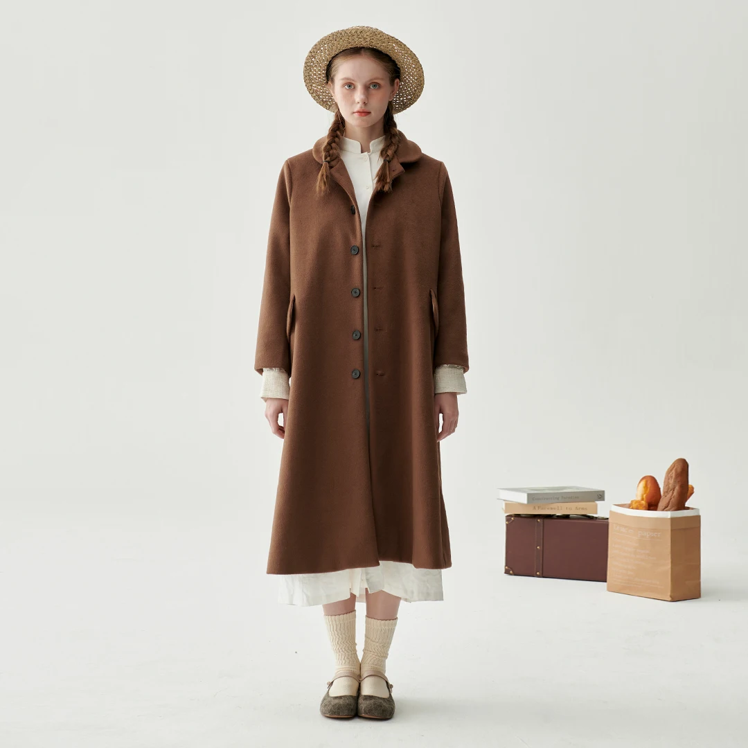 Leorlax original design sense doll collar A -line long single -sided woolen coat simple literary woolen woolen winter J0018