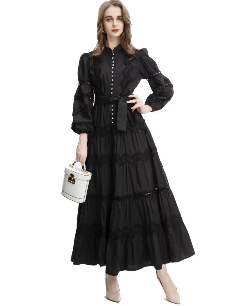 French Court Style Stand Collar Lantern Sleeve Single Breasted Heavy Duty Lace Stitching Birthday Party Dress Long Skirt