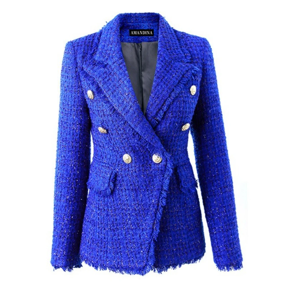 

Amandina Luxe Blue Tweed Tassel Trimmed Double-breasted Silver-tone Buttons Blazer Jacket