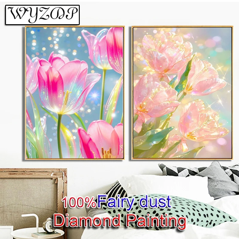 Фото Алмазная вышивка Crystal Tulip 100% Fairy Dust: Цветок, квадратные стразы, настенное искусство, полный набор для творчества, декор из кристаллов №1