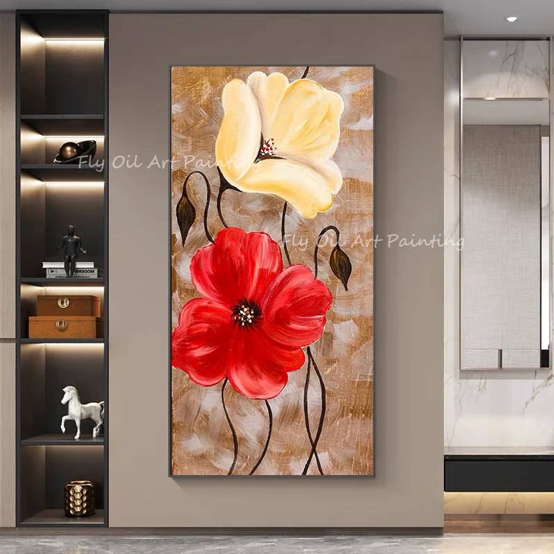 

Hand-painted red and yellow flower large size brown canvas picture luxury landscape oil painting no frame on canvas wall decor