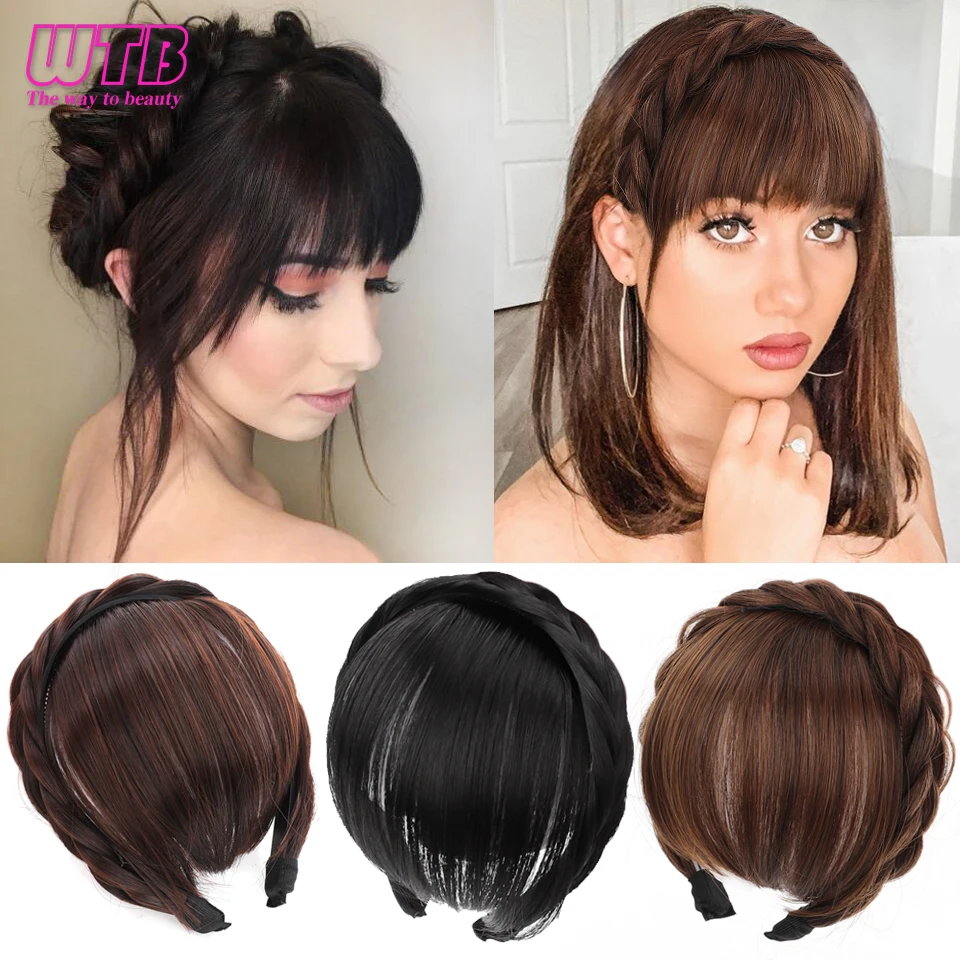 WTB Braid Headband Bangs Synthetic Bangs Hair Extension Fake Fringe Natural Hair Clip on Hairpieces for Women Invisible Natural