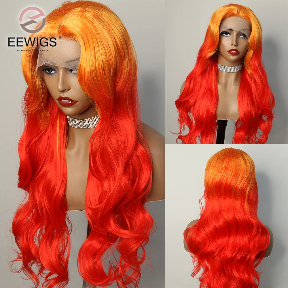 Body Wave Synthetic Red Ombre Color 30 Inch 13×4 Transparent Lace Front Wigs For Women Prepluck With Baby Hair Drag Queen Daily