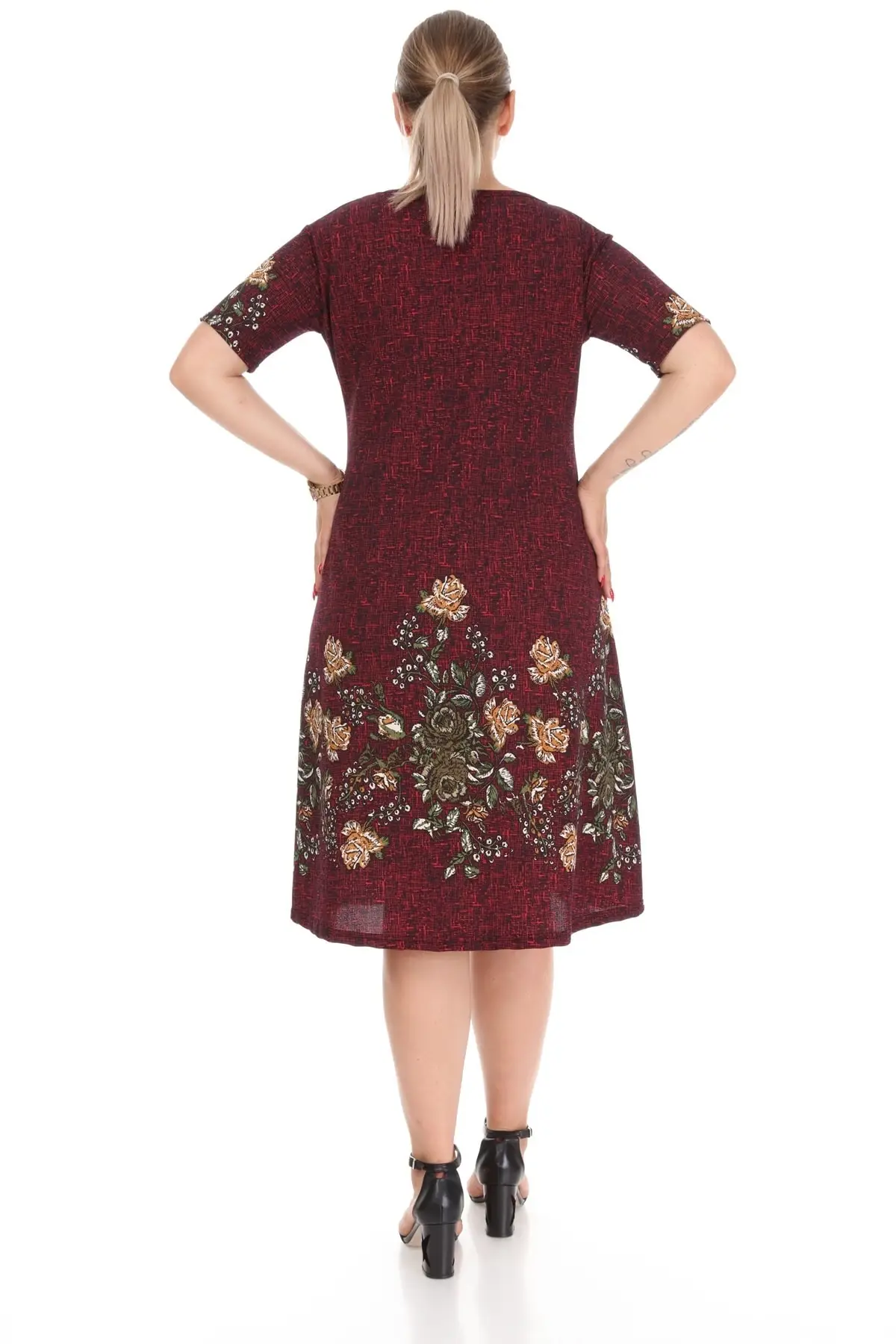 Plus Size Women's Dress Daily Burgundy Short Sleeve Patterned Crepe Round Neck Midi Length Lycra Viscose XL 2XL 3XL 4XL 5XL