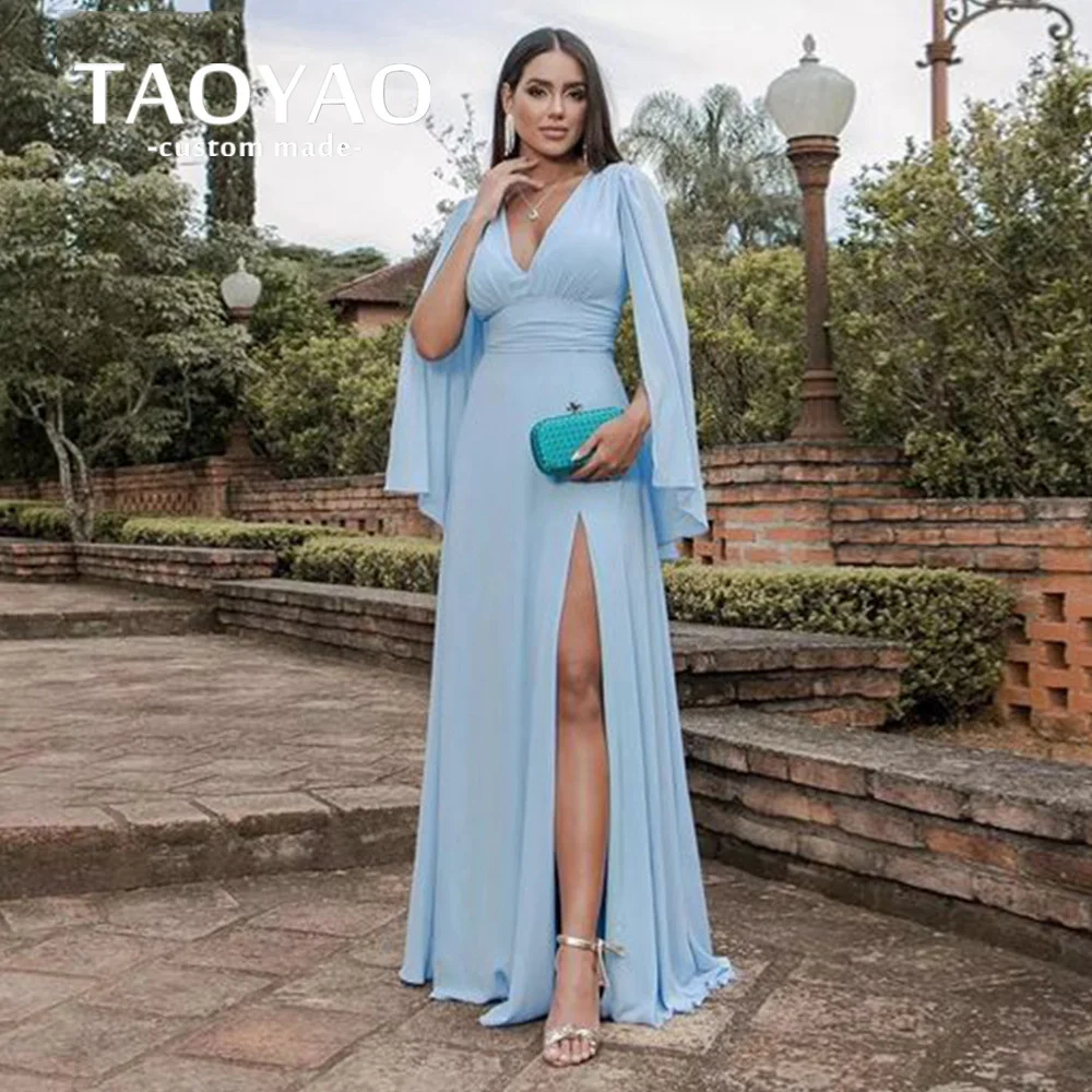 Купи Modern Blue A-Line Prom Dress Deep V-Neck Split-Front Evening Gowns Sexy Backless Chiffon Party Dress Long Sleeve Robe De Soirée за 4,897 рублей в магазине AliExpress