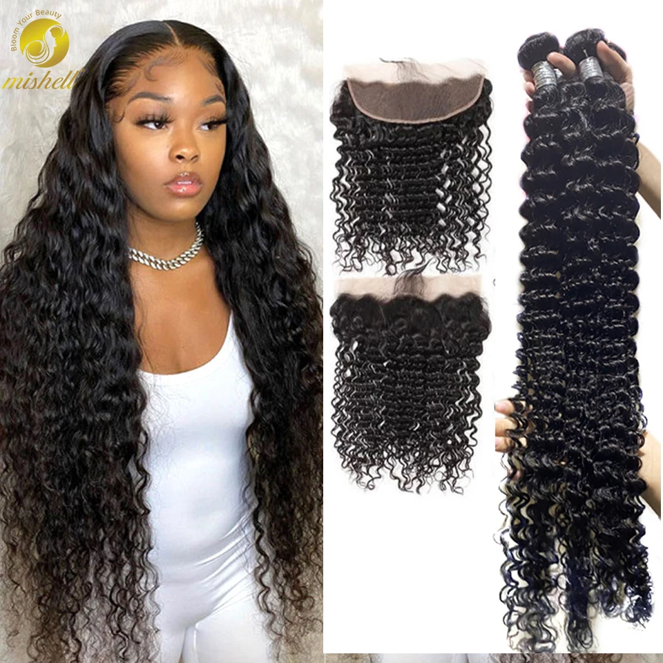 Mishell Deep Curly Human Hair Bundles With Frontal deep wave Human Hair Extension 30 32 34 40 Inch curly Bundles With Frontal