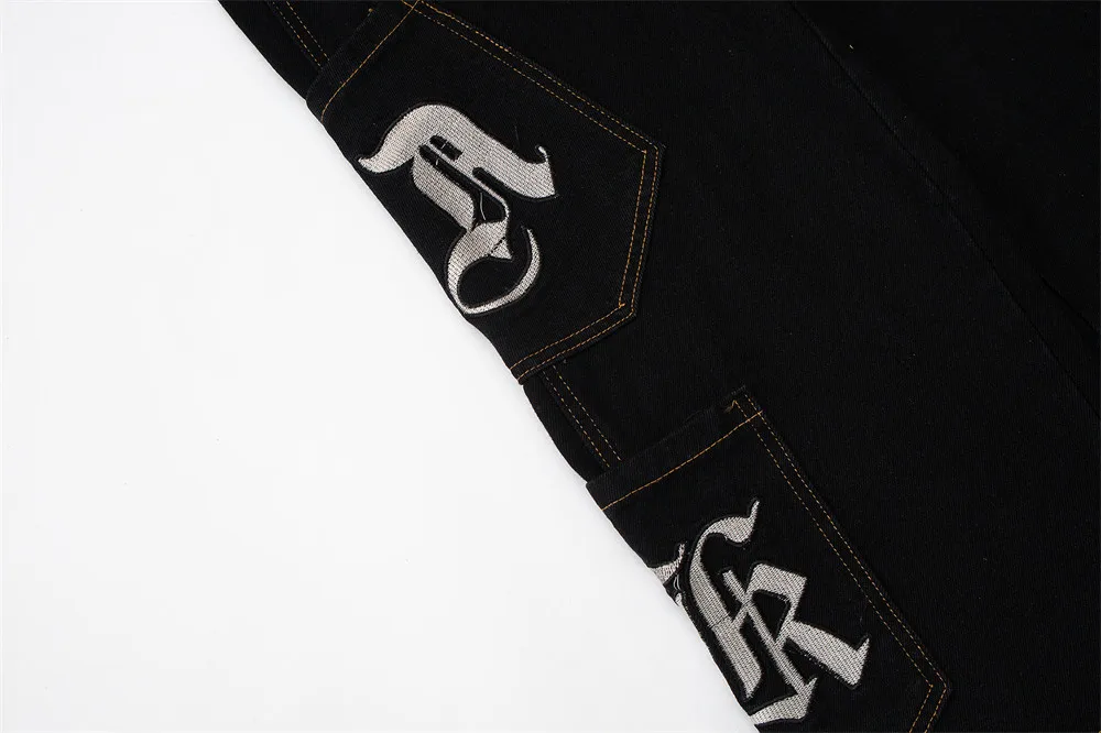 Retro Gothic Letter Embroidery Pockets Washed Jeans Pants Men Women Ripped Straight Oversized Casual Denim Trousers Streetwear