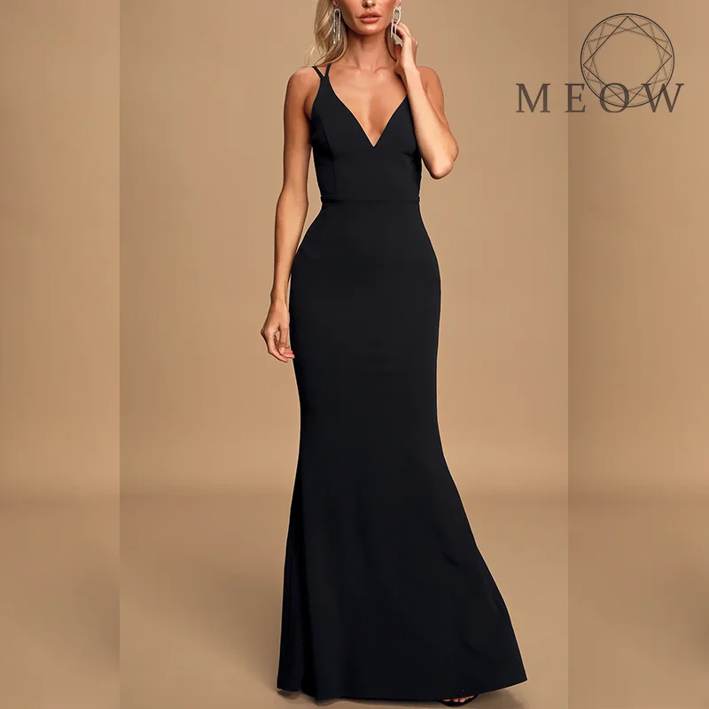 

V Neck Sleeveless Elegant Evening Dresses Women's High Slit Formal Gowns Female Solid Black Split Elastic Party Dress Prom
