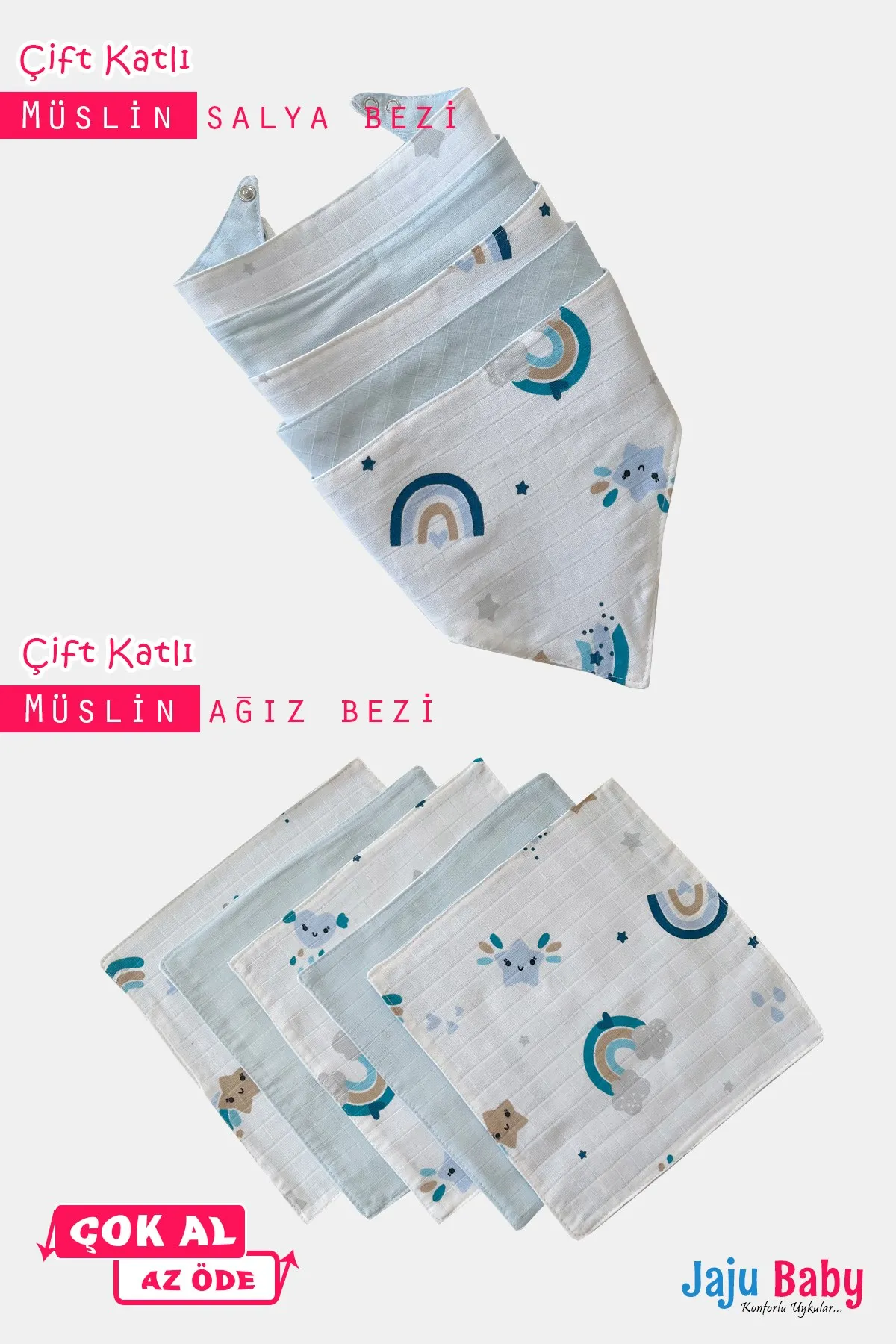 

Jaju Baby 100% Organic Cotton Double Layer Muslin Navel, Mouth, Back and Sweat Cloth Multi-Purpose 10 Piece Muslin Set Blue Rain