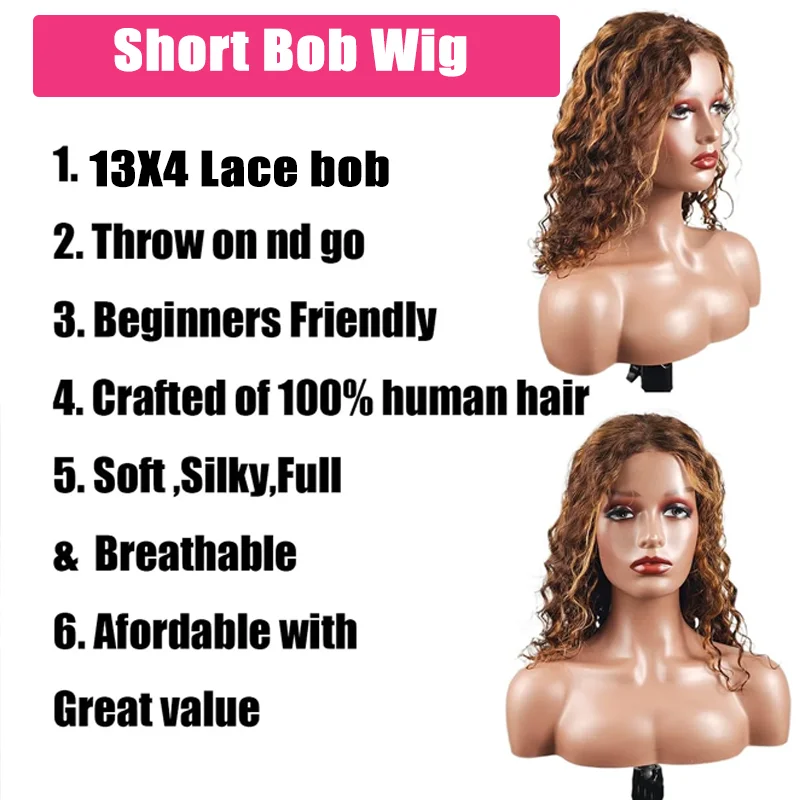 4/27 Ombre Highlight Deep Wave Bob Wig 13x4 Кружевные Фронтальные Человеческие Волосы 150% Плотность