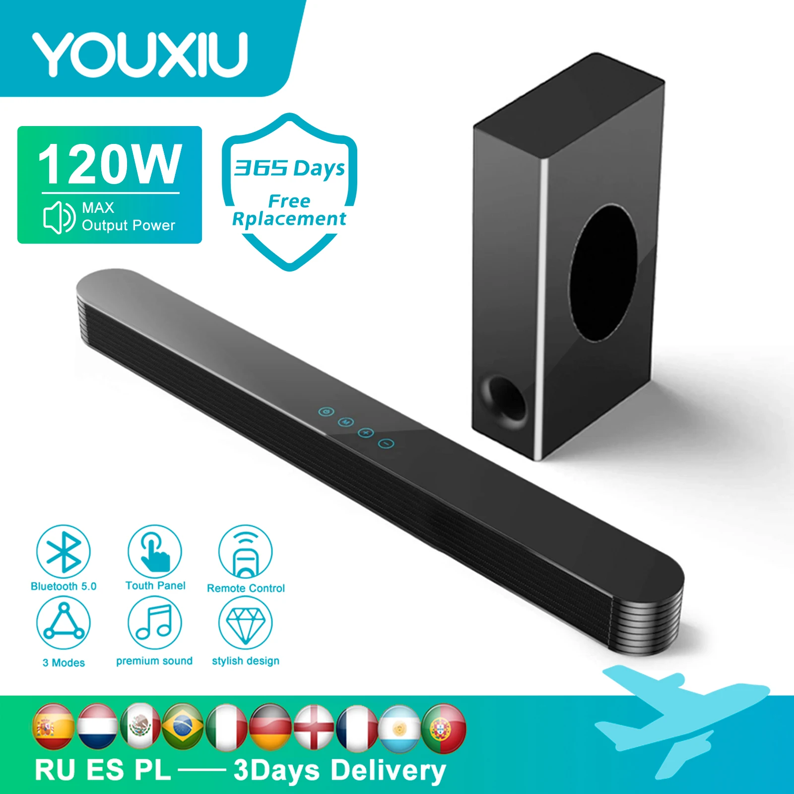 120W Bluetooth Soundbar With Subwoofer Bluetooth Speaker For TV Bass 3D  Stereo Surround Sound For Home Theater Sound Box