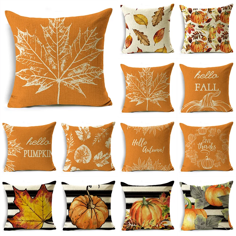 

Hello Autumn Series Big Pumpkins Maple Leaves Linen Throw Pillowcase Cushion Covers For Sofa Office Bedroom Decor Multiple Size