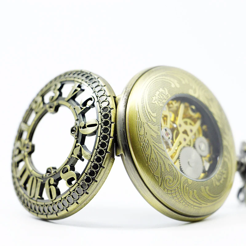 Retro Bronze Steampunk Automatic Mechanical Pocket Watch Vintage Hand-Winding Antique Accessory Chain Fob Clock Souvenir Gift