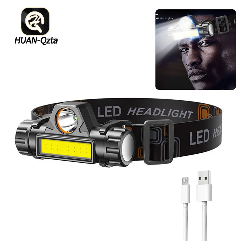 

XPE+COB Headlight Mini USB Camping Head Torches Rechargeable Waterproof Stepless Dimming with Headband for Night Running Fishing