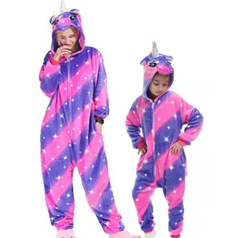 Family Kigurumi Pajamas Pink and Purple Stars Unicorn Animal Onesie Cosplay Costume Pajamas For Kids and Adults