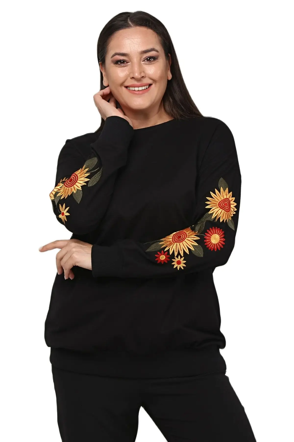Women’s Plus Size Flower Embroidery Detail Black Hoodie, Designed and Made in Turkey, New Arrival