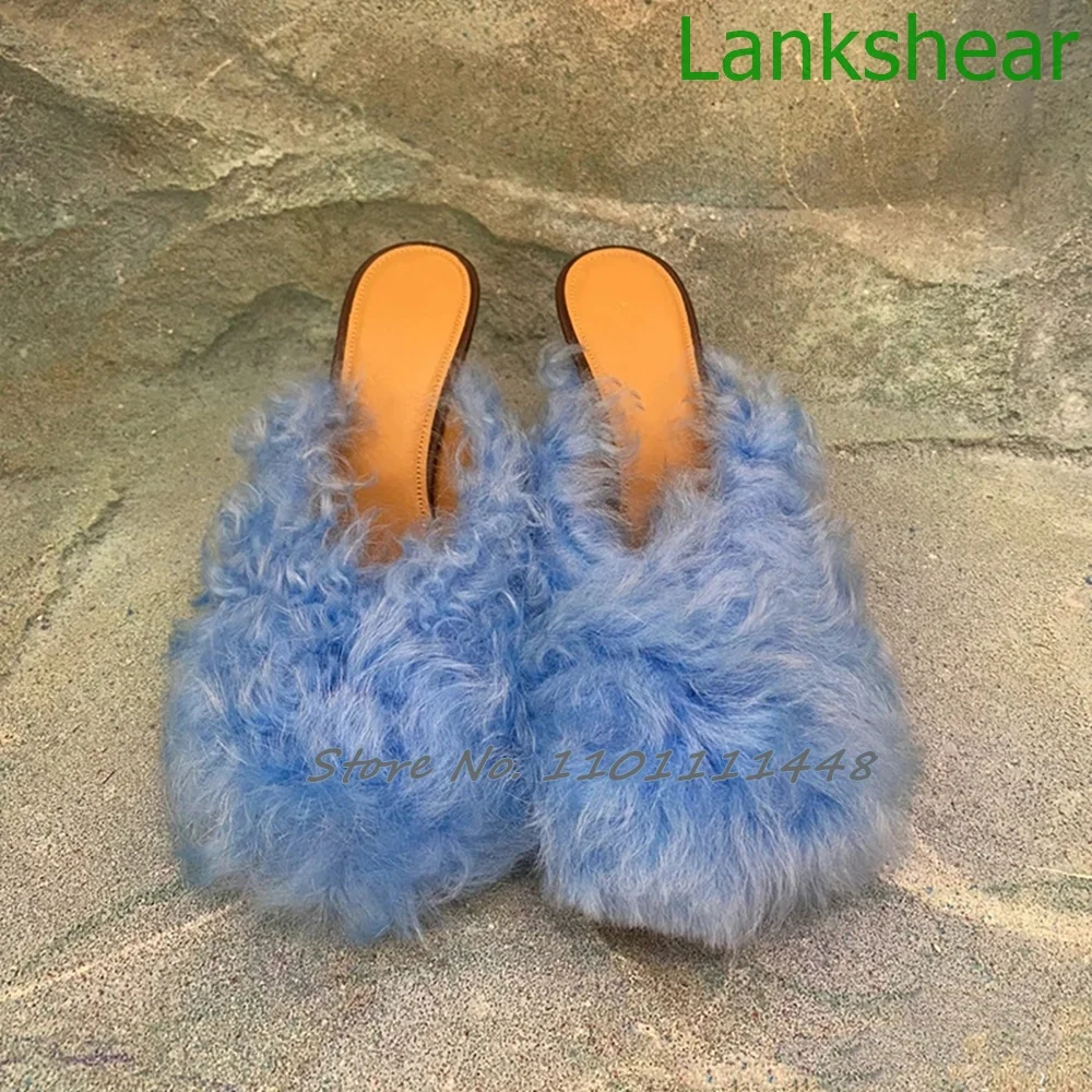 

Синие меховые шлепанцы с круглым носком на тонком высоком каблуке, Новейшая модная женская обувь, вечерние шлепанцы для подиума, современны...